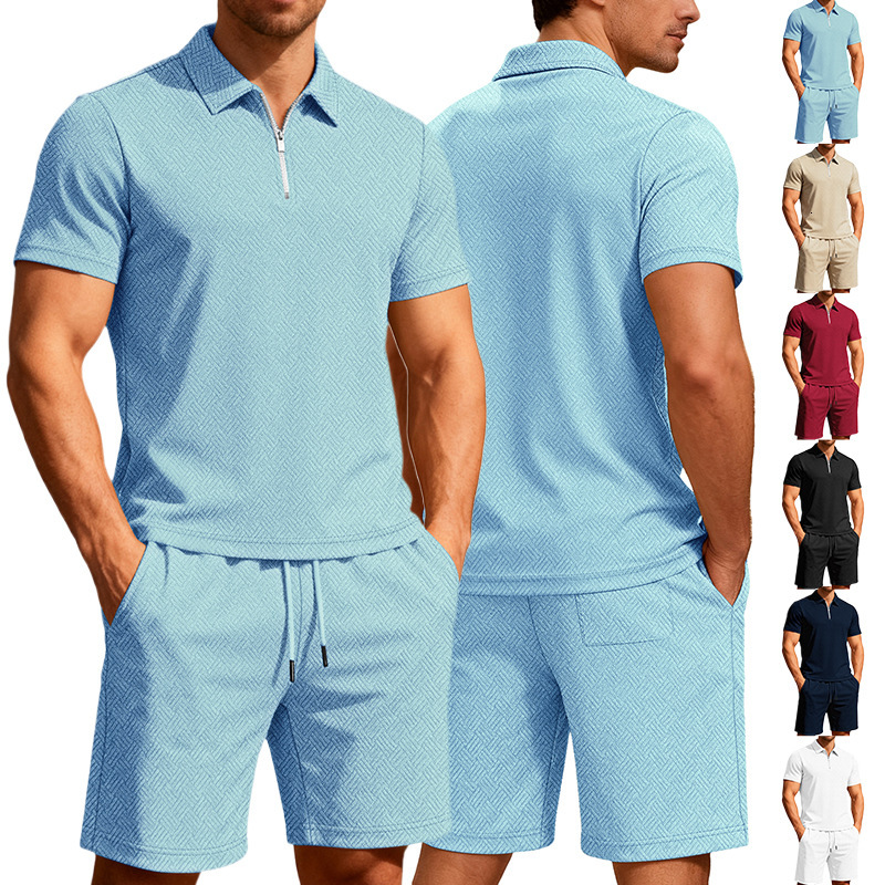 Designer T-shirt European And American Polo Summer Lapel Business Zipper Designer Hoodie Twopiece Set Towel Jacquard Fabric Men's Casual Sports Suit