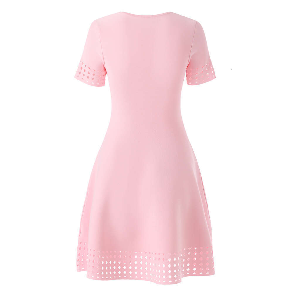 2026 Spring New Fashionable Casual Round Neck Large Bottom Waist Slimming Pink Hollow A16 Short Sleeve Dress