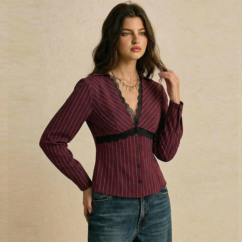 European And American Sexy Lace Long Designer T-shirt Sleeve Polo Shirt Autumn Winter Slim Fit Designer Hoodie Striped Shirt For Women