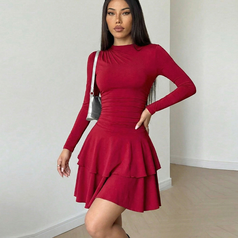 Designer Dress European And American Fashion Slimfit Longsleeve Dress New Hot Girl Ruffle Midi Dress For Women