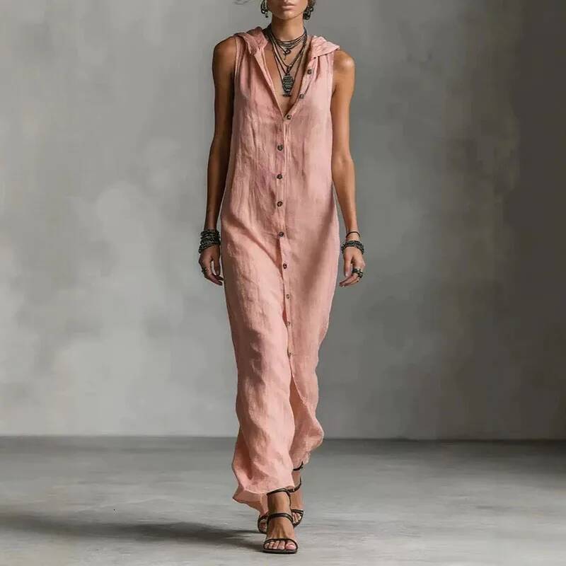 Spring Elegant Single Breasted Hooded Long Dresses Woman Vintage Solid Slit Bohemian Summer Sleeveless Vacation Maxi Dress