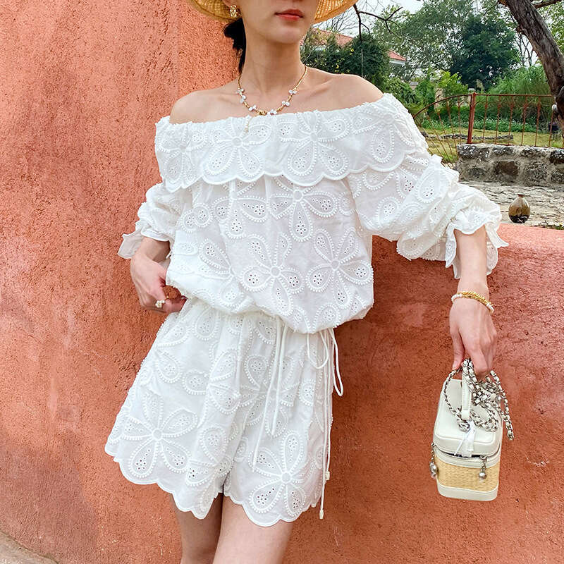 a27 r27 2026 Spring and Summer a27 New Vacation Women's Off Shoulder Top Long Sleeve Embroidered Hollow Short Pants