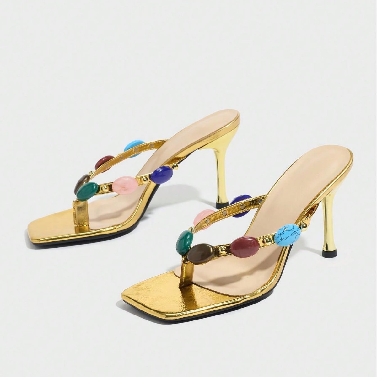 Free Shipping 2026 Luxury elegant sandals Women's Gold Metallic Thong High Heel Sandals Colorful Gemstone Decor Square Toe Stiletto Shoes