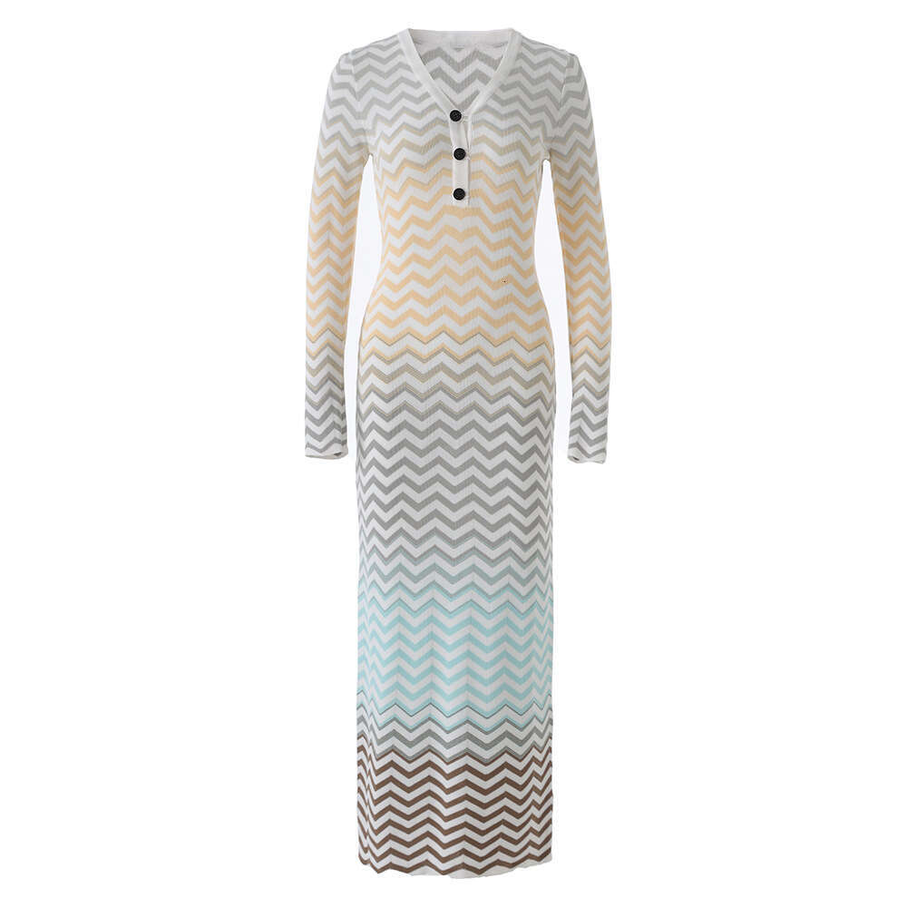 2026 Autumn and Winter New Gradient Wave Pattern V-neck Long Sleeve Knitted h28 Dress Elegant and Close fitting