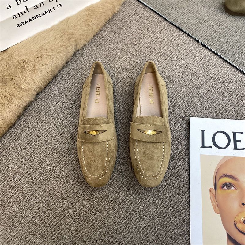 2025 New Women's Flat Flat Dress Shoes Fashionable and Comfortable Brown Black British Style Suede Leather Shoes
