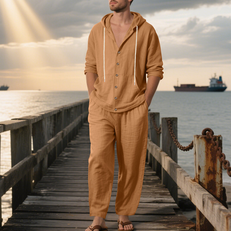 Spring And Autumn Designer Hoodie American Style Loose Linen Designer T-shirt Men's Longsleeve Hooded Shirt Loose Long Pants Beach Polo Casual Set