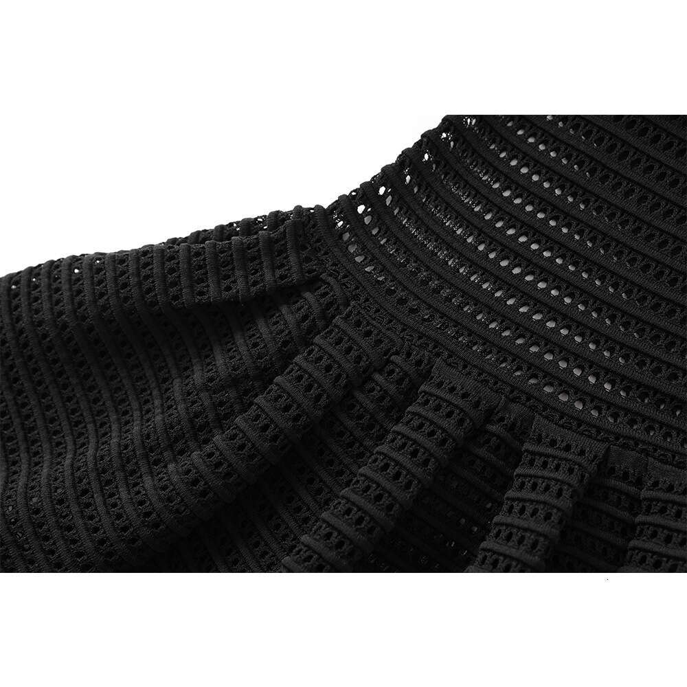 Elegant black sexy hollow out sleeveless mid length knitted umbrella skirt 2026 D19 new niche dress