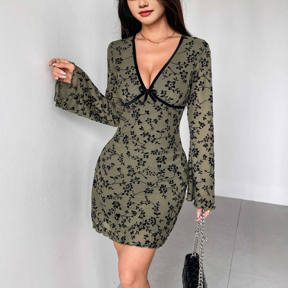 2026 Spring New European and A9 American Bell Sleeve Double A9 layer a9 Mesh Plush Deep V-neck Women's Dress