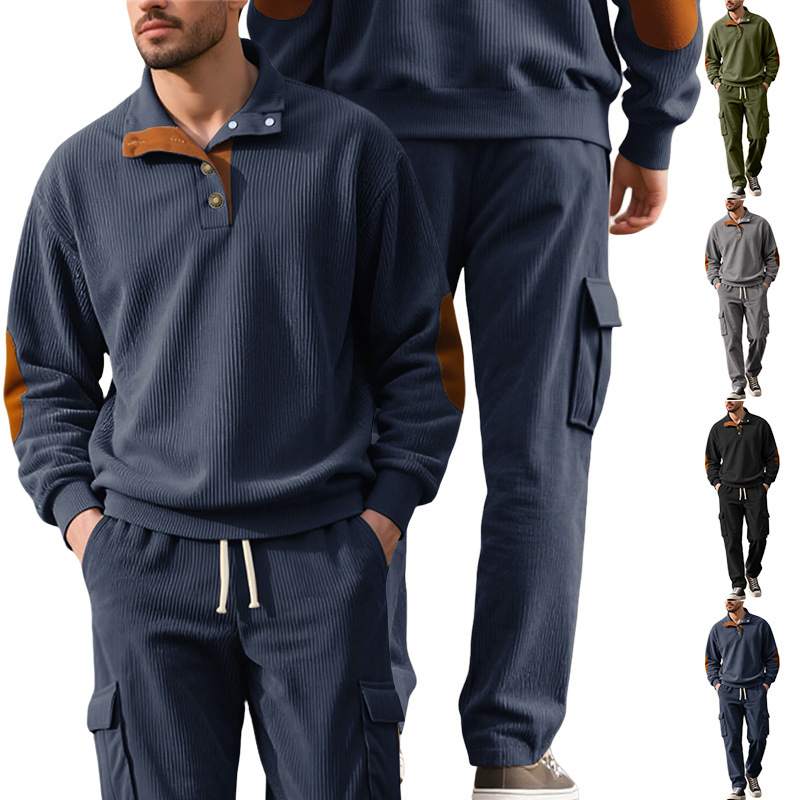 European And American Designer T-shirt Casual Designer Hoodie Sports Collar Polo Long Sleeve Twopiece Set Men's Loose Corduroy Workwear Suit