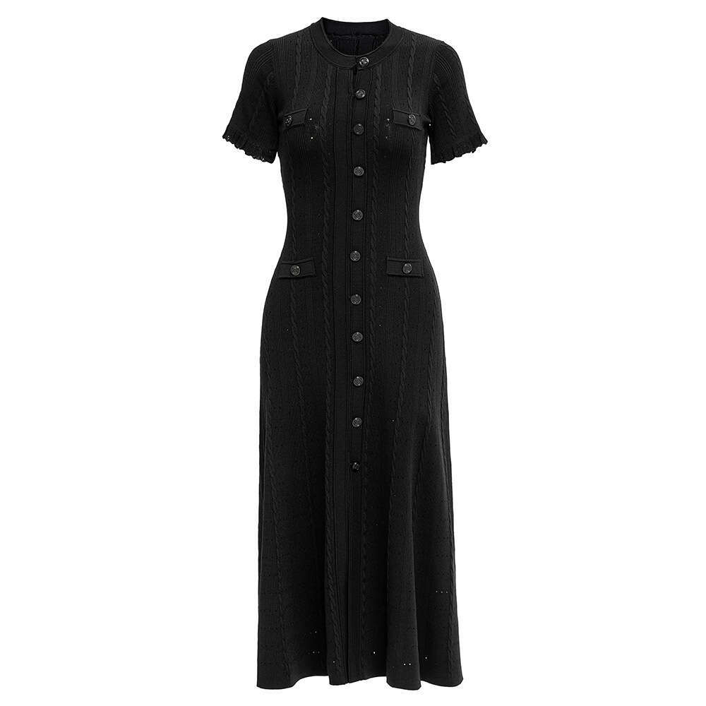 2026 Spring and Summer High Quality French Elegant Social Short h28 Sleeve Hollow Ribbed Single breasted Knitted Dress