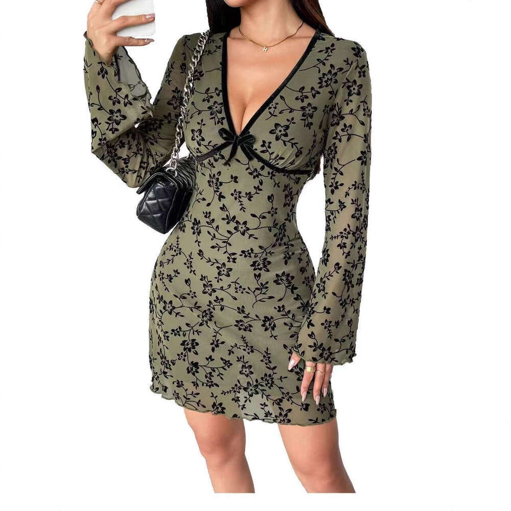 2026 Spring New European and A9 American Bell Sleeve Double A9 layer a9 Mesh Plush Deep V-neck Women's Dress