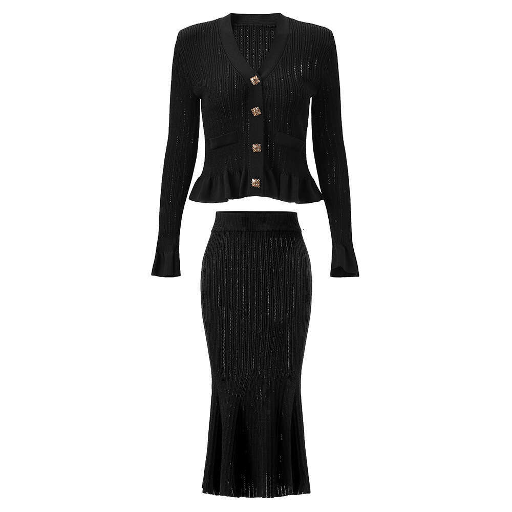 2026 Autumn New Designer Waist Bell Sleeve k30 Knitted Top+Fishtail Pencil Two Piece Skirt Set
