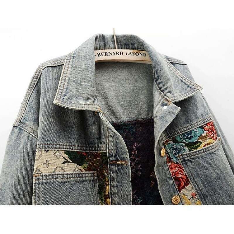 Women's Heavy Duty Patchwork Denim Jacket, Spring Autumn New Loose Short Coat, Trendy Streetwear Fashion Casual Outwear Tops MAKOUFEI