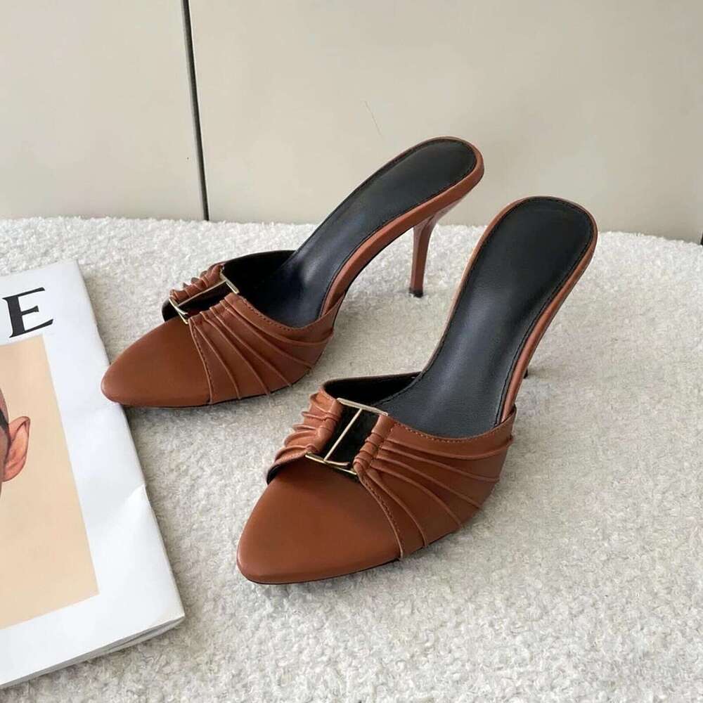 2026Elegant Dress shoes Ladies stiletto Slippers mules Genuine Leather Fashionable Letter Buckle Sharp toes sandals luxury women designer high-heeled Slipper