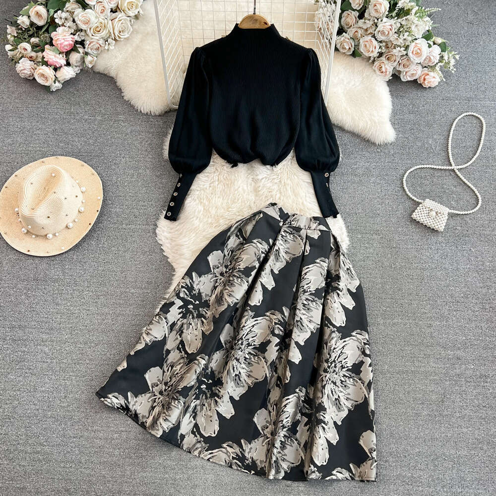 Autumn k30 and Winter Korean Elegant Lantern Long Sleeve Stand Collar Loose Knitted Top Two Piece Set High Waist A-line Skirt 2026