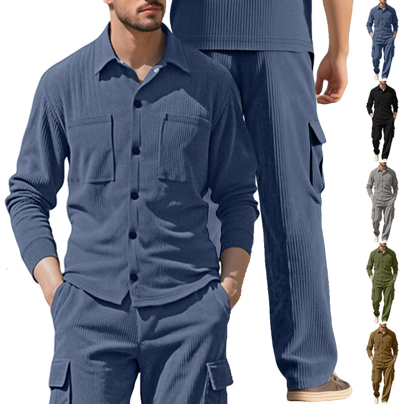 European And American Designer T-shirt Casual Sports Lapel Cardigan Long Sleeve Twopiece Set Men's Polo Loose Designer Hoodie Corduroy Workwear Suit