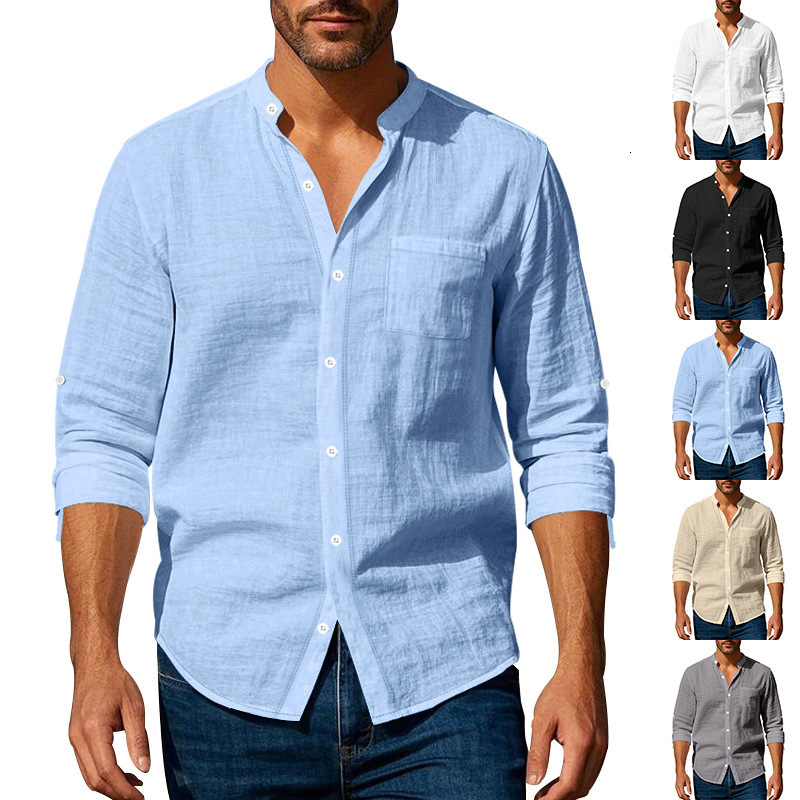 Spring And Designer Hoodie Autumn Polo Linen Shirt Long Sleeve Stand Collar Breathable Casual Men's Designer T-shirt New Chinese Style Pocket Shirt