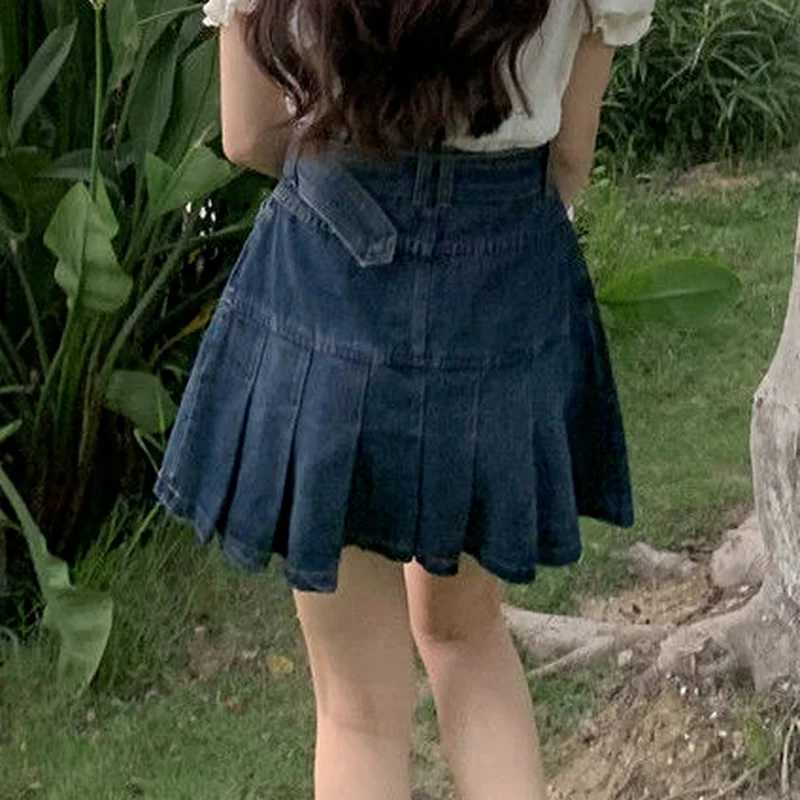 Pleated Skirts Women Denim High Waist Student Fashion Leisure All-match Summer Mini Holiday Solid Simple Korean Version Elegant M260316