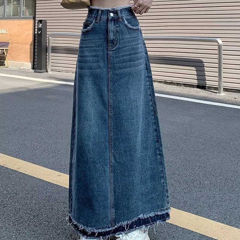 Summer Street Style Rough Edge Skirt Korean Version Women Retro Casual High-waisted A-line Skirt Temperament Loose Denim Skirts M260316