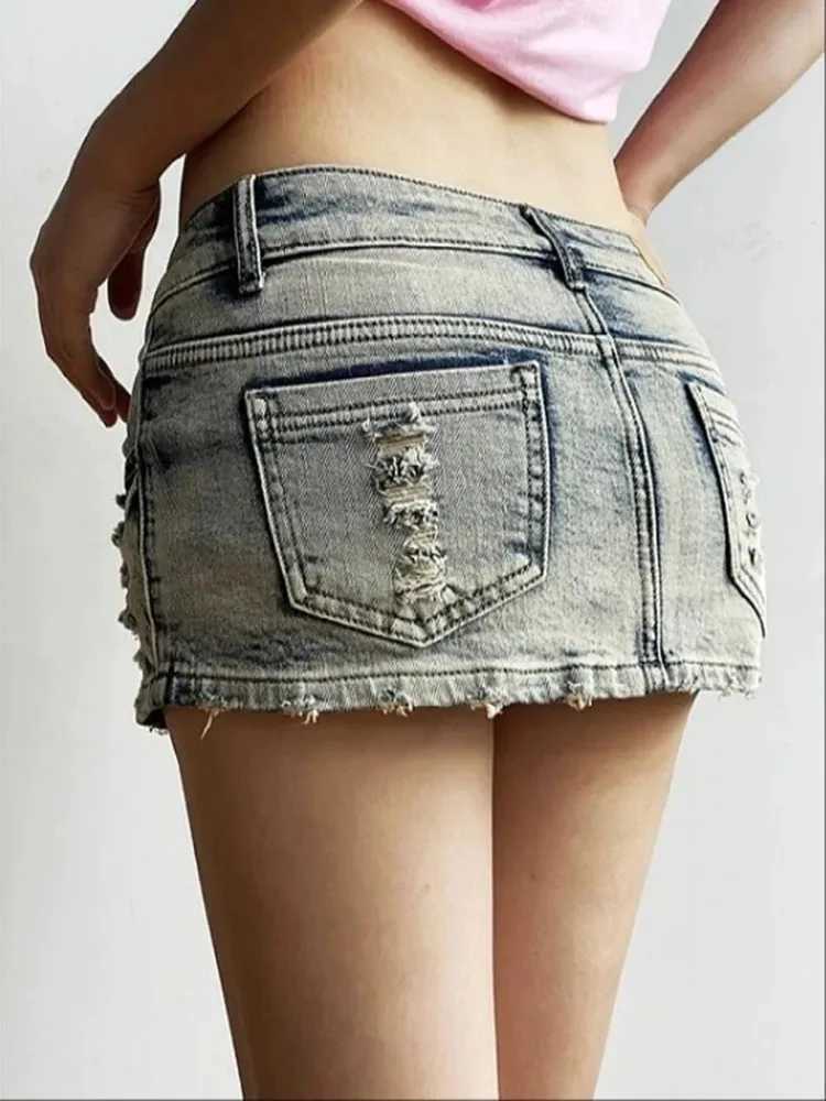 Korean Y2K Spicy Sexy Low Waist Denim Mini Skirt Womens New Summer Fashion Elastic Tight Wrap Hip Anti Shining Ultra Skirt M260316