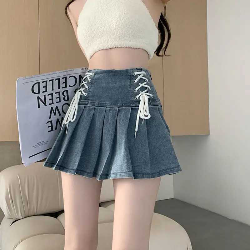 Denim Pleated Skirts Women Cute Lace-up Chic ish Summer Mini Skirt Korean Style Fashion Sexy High Waist Streetwear College M260316