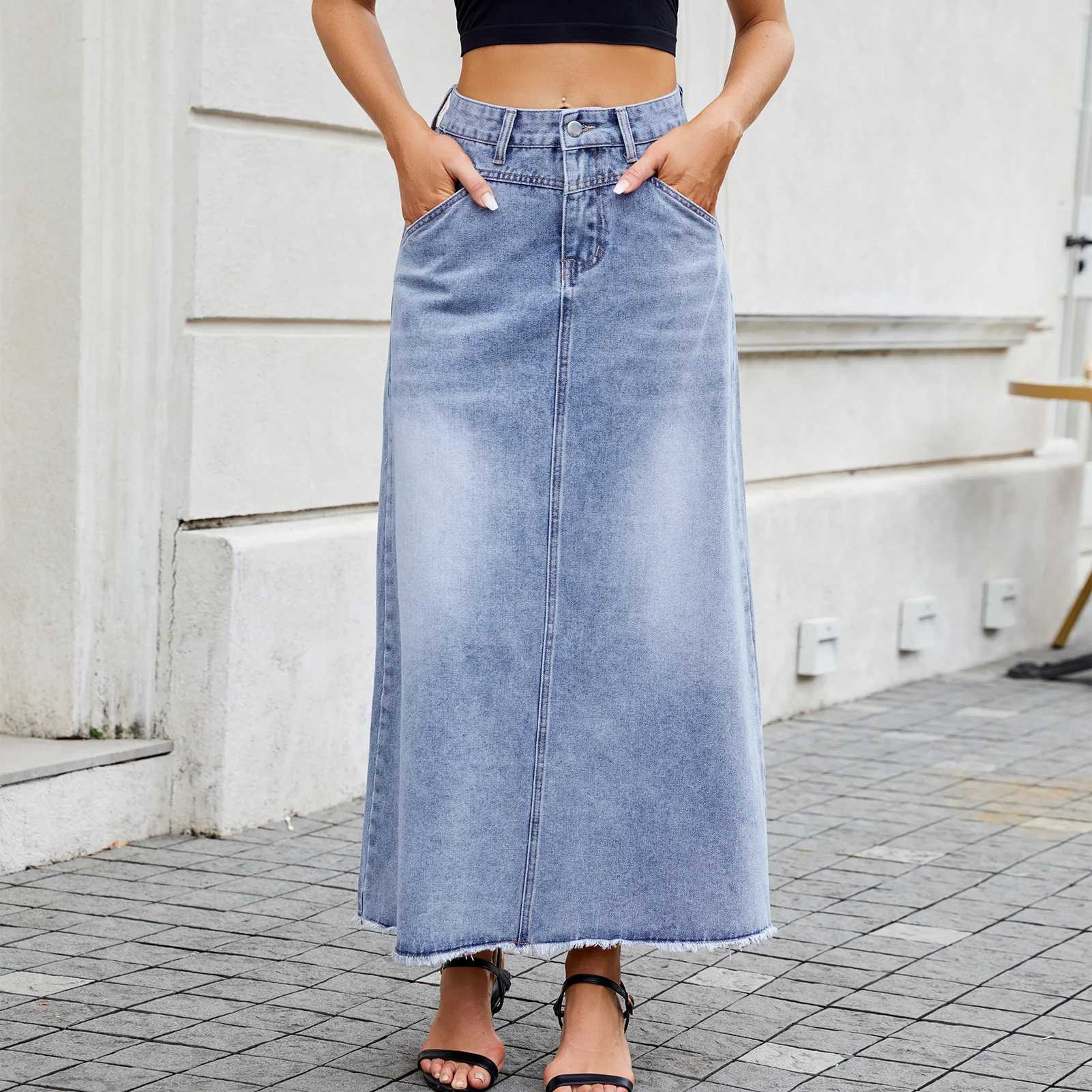 Denim Long Skirt Women Summer Basics Skirts Streetwear High Waist Washed Distressed Pockets Button 2025 Female Vintage A Line M260316
