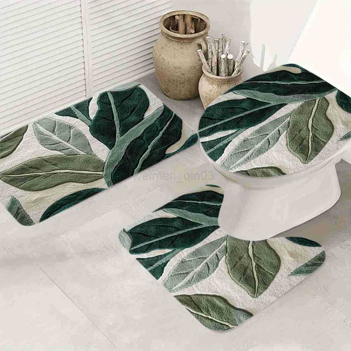 3pcs Abstract Green Leaf Print Bathroom Rug Set - U-Shaped Toilet Mat Bath Mats Soft Flannel Non-Slip Bath Mat with Elegant H260316