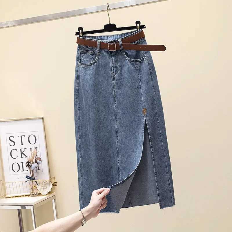 Clearance Sale High-Waisted Embroidered Denim Skirt Womens Summer A- Line Side Slit Specialty Store Clothing M260316