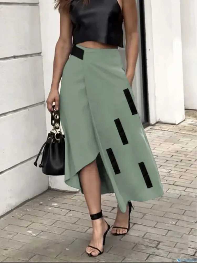 Womens Asymmetrical Midi Skirt Solid Color Block High Waist Functional Street Skirt 2026 Spring High Waist A-line Pleated Skirt M260316