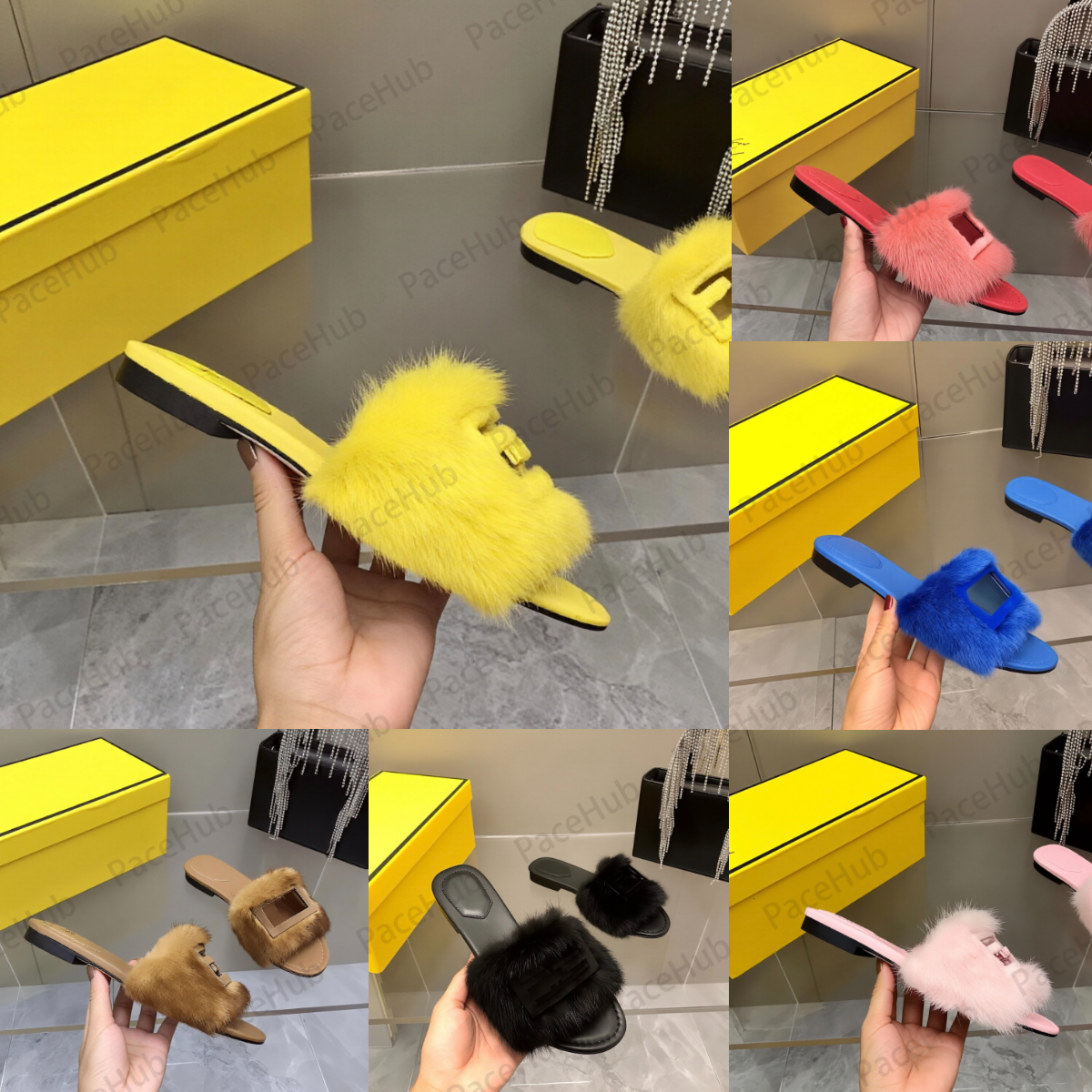 designer rectangular yellow fur slippers for comfortable winter home women high heels sandals flat shoes leather flat slippers fur leather luxury designer