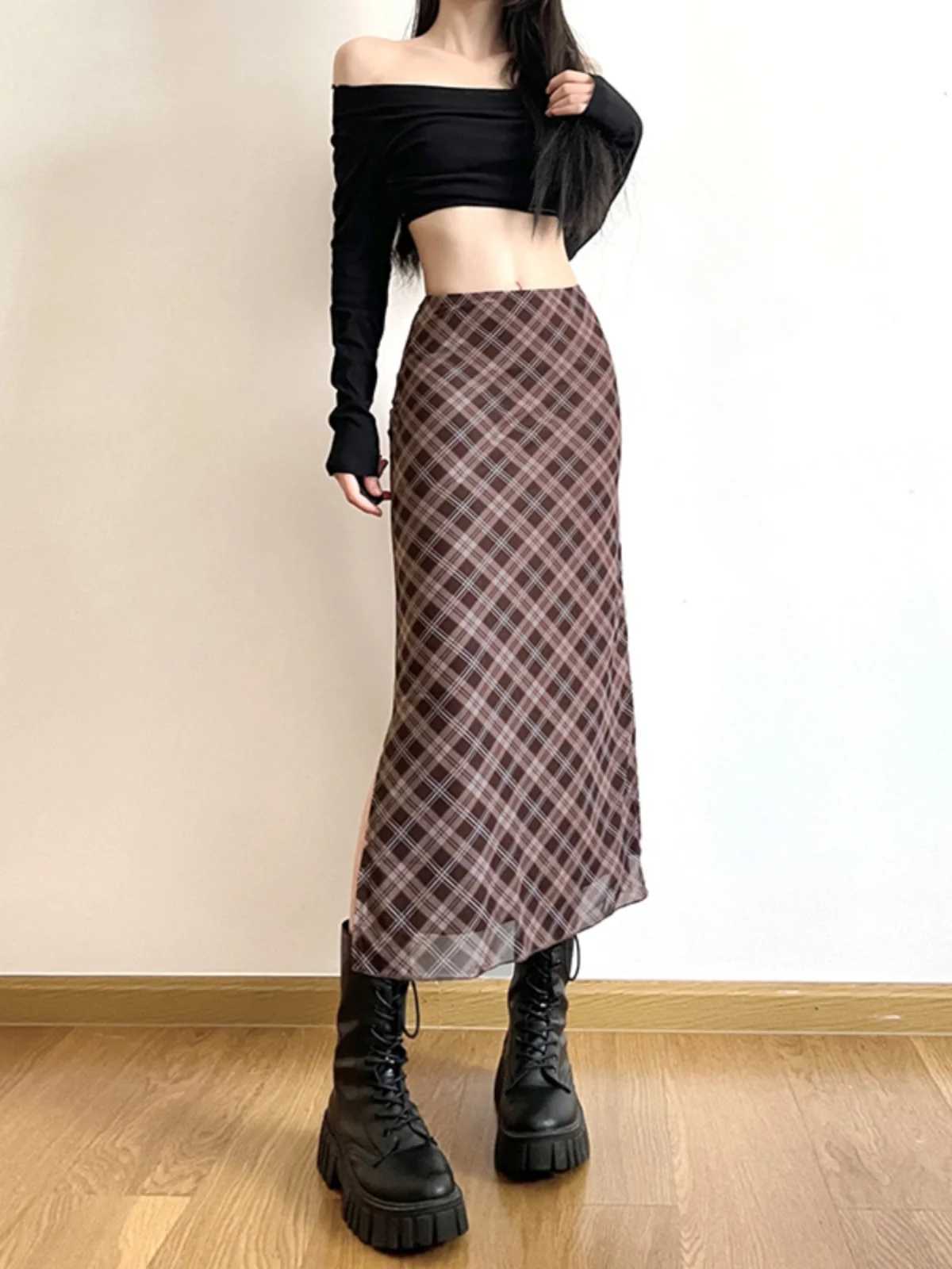 High Waist Plaid A-Line Skirt Womens Design Slimming Split Straight Cut Autumn College Sle Retro Street Faion M260316