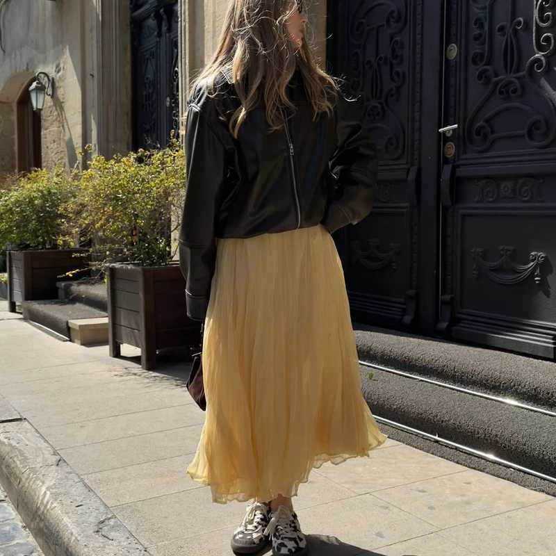 MUJER Yellow Pleated Long Skirts for Women Layered High Waist Midi Skirt Woman Summer Ruched Womens Skirt Beach Skirt Women M260316