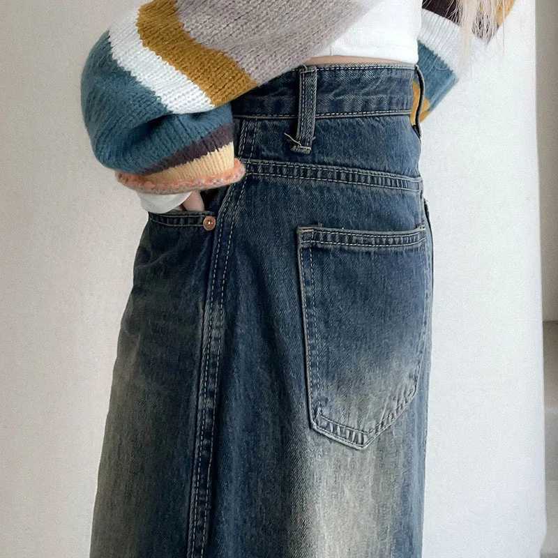 Lucyever Vintage Washing Denim Skirt for Women Y2K Aesthetic High Waisted Maxi Skirts Female Fashion Streetwear Long Jean Skirt M260316