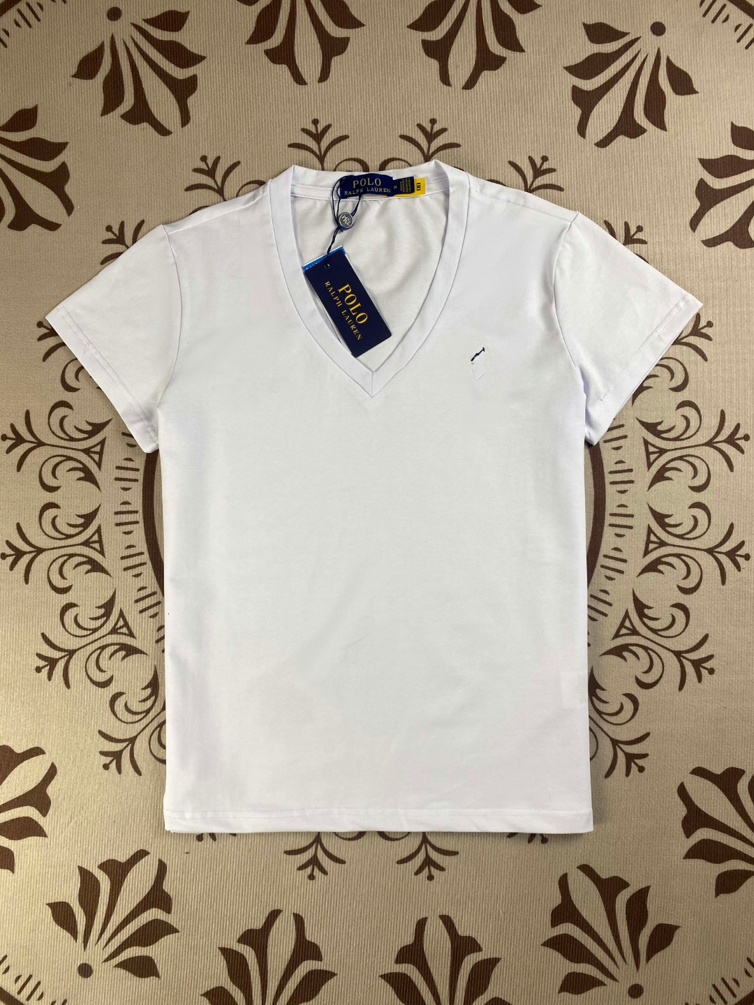 Designer Fashion RL Women's Pure Cotton Flat Neck V-neck Short Sleeve T-shirt Simple And Versatile Elegant Embroidered Short Sleeve