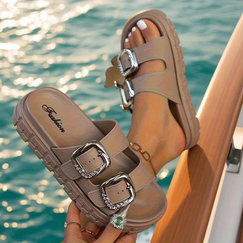 Women's Fashion Thick Sole Sandals,Adjustable Flip Flops,Leather Metal Ankle Buckle Strap Summer Beach Slides