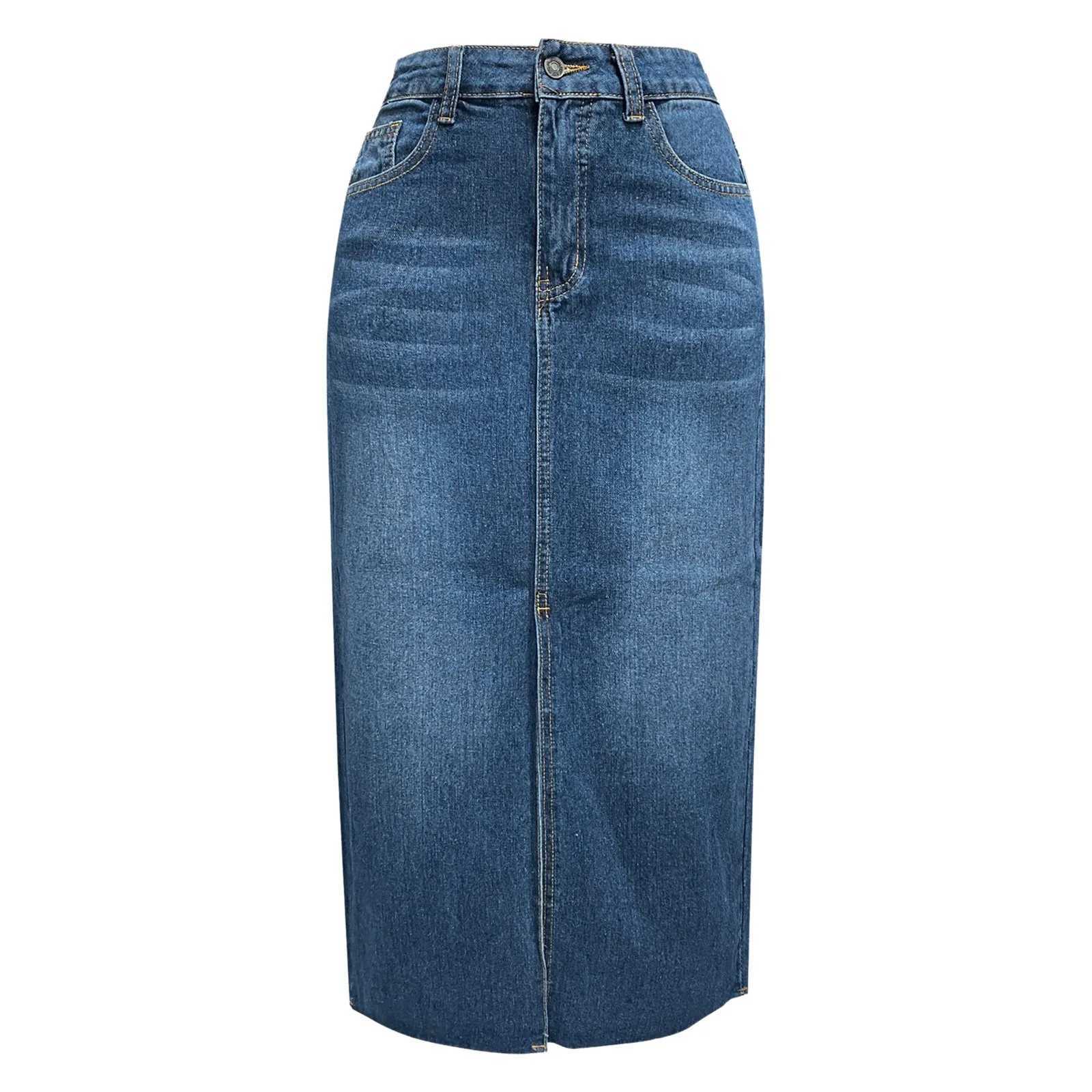 2024 Summer Midi Skirts Vintage Korean Style Skirts For Women Black Blue Jeans Skirt High Waisted Denim Skirt Front Slit M260316