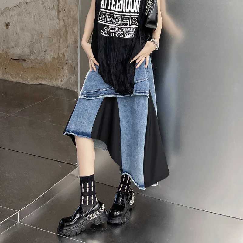 Women Spliced Denim Skirts Asymmetric Jeans Skirt A Line High Waist Zipper Ankle Lenth Loose Elegant Casual 2025 Spring Autumn M260316