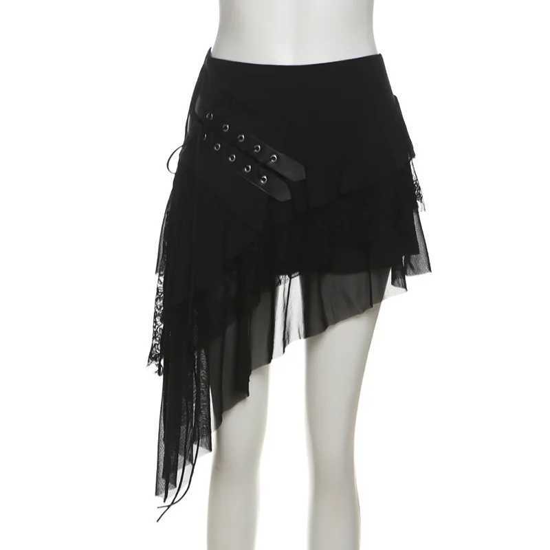 SylCue Mesh Patchwork Mini Skirts Women Elastic Waist Bandage Decoration Tierred Street Versatile Style Ruched Elegant Bottoms M260316