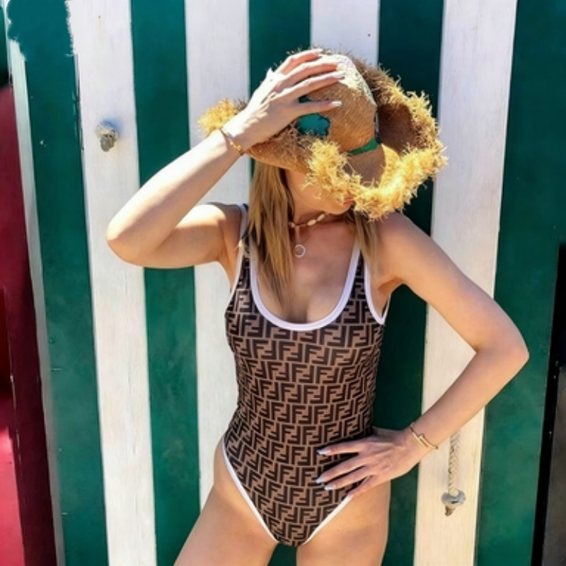 designer New Vintage Monogram Print 1 Piece Swimsuit Women Contrast Trim High Cut Sexy Bathing Suit Beach Vacation Pool Party Swimwear