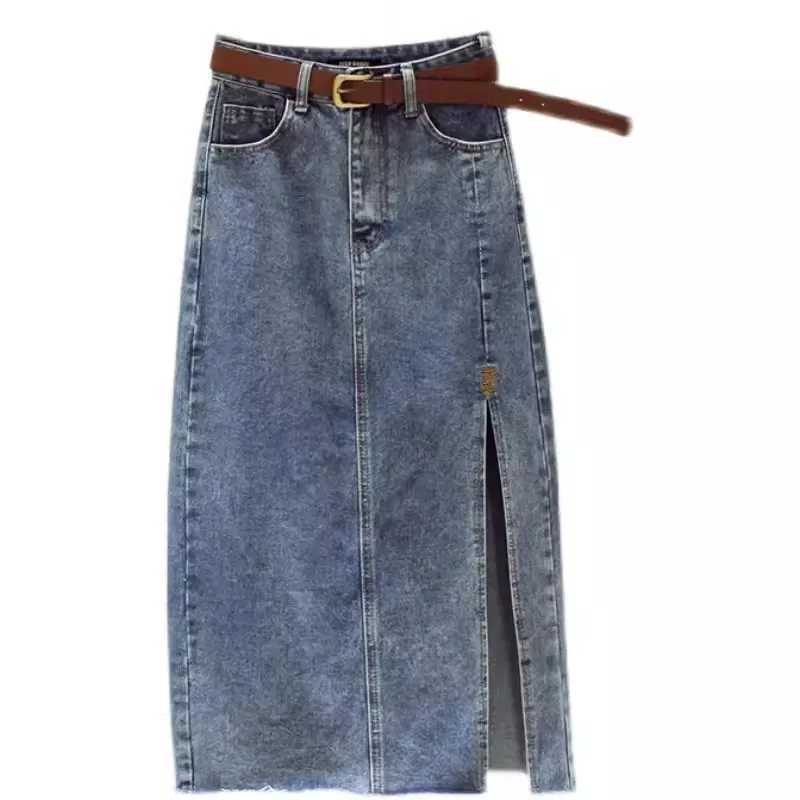 High waisted Denim Skirt Women Casual wear Spring/summer 2025 New Slim Split Buttocks wrapped A-line Skirts Female M260316