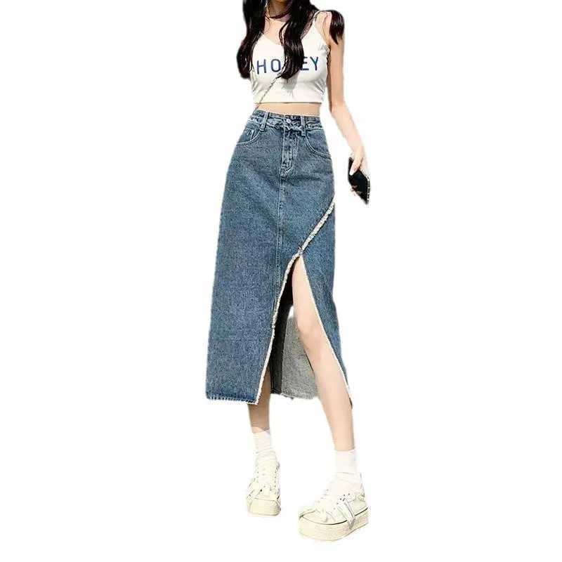 High Waist Casual Denim Mini Skirt for Women with Slit Loose Fit Mid Length Sweet Fresh Style Cotton Blend Spring Autumn M260316