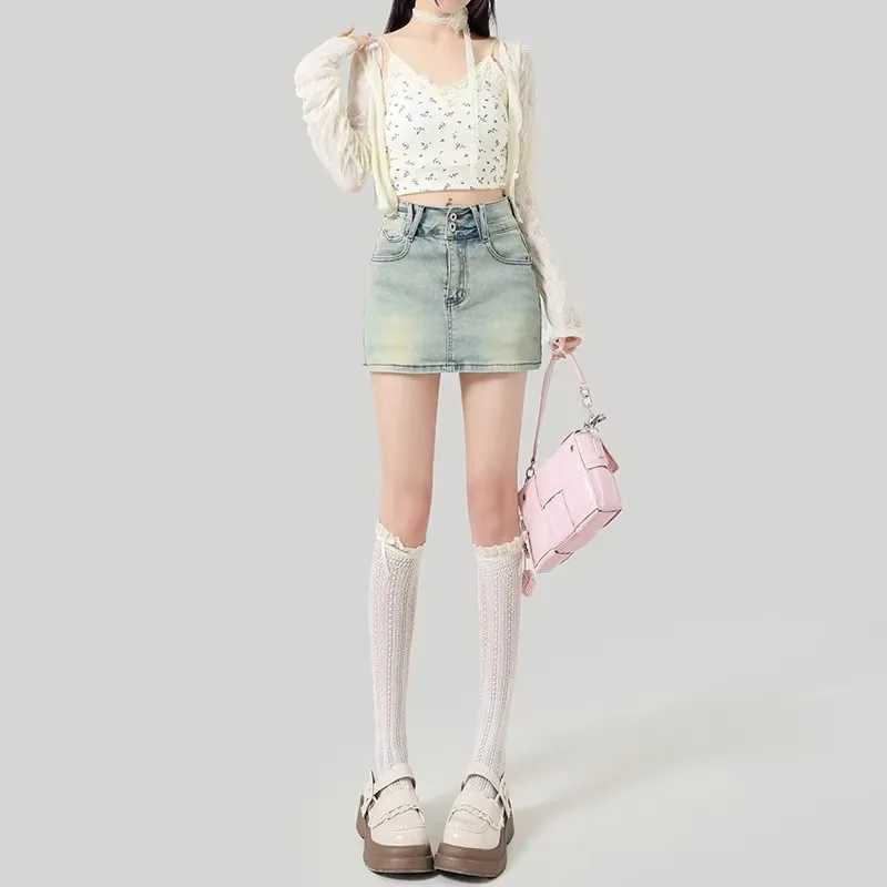 High Waist Denim Mini Skirt Womens Summer 2025 New Small Thin Spicy Meat Covering A- Line Wraparound Half-length Skirt M260316