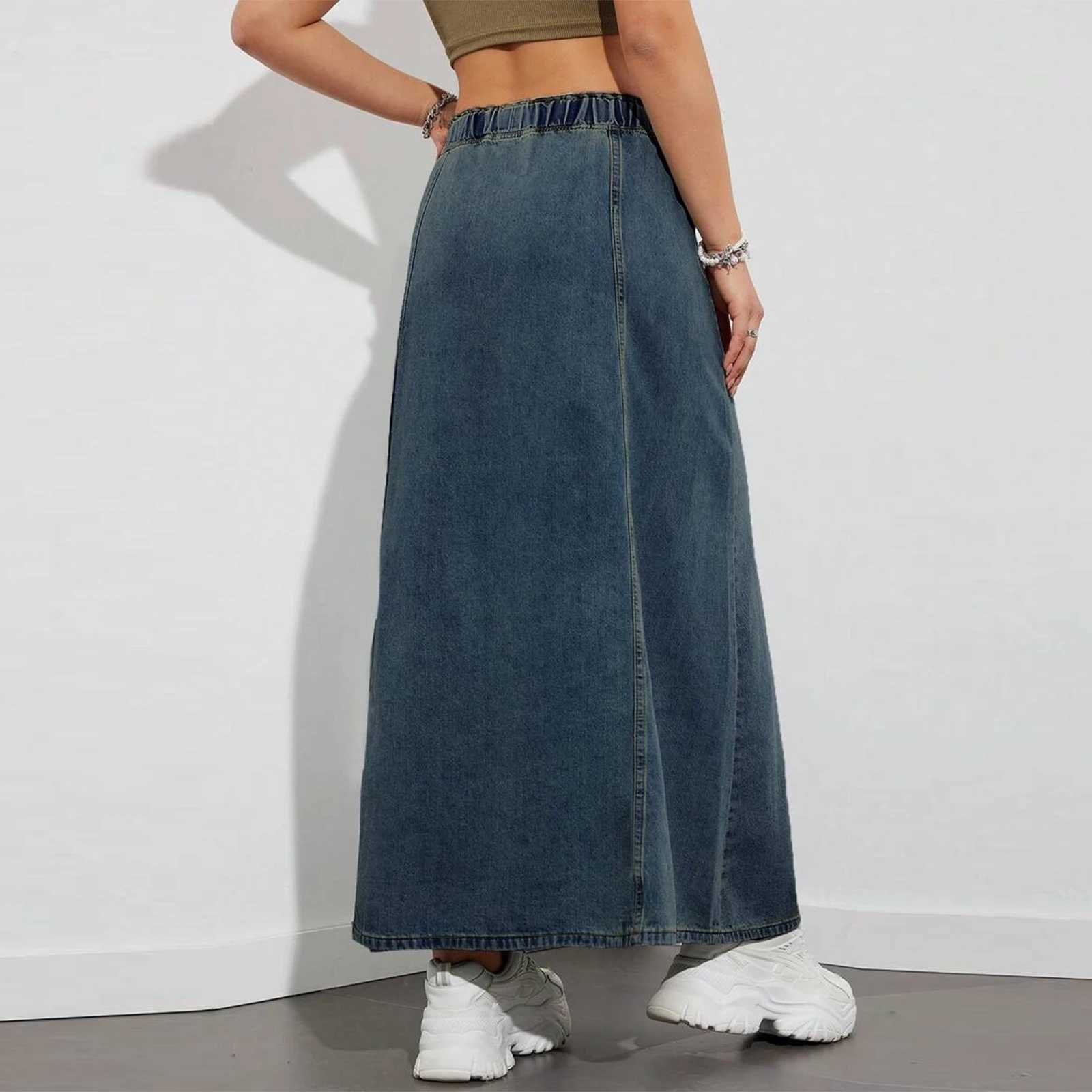 Fashion Womens Denim Long Skirts Elastic Drawstring High Waist A Line Flare Jean Skirt for Spring Fall Y2K Streetwear M260316