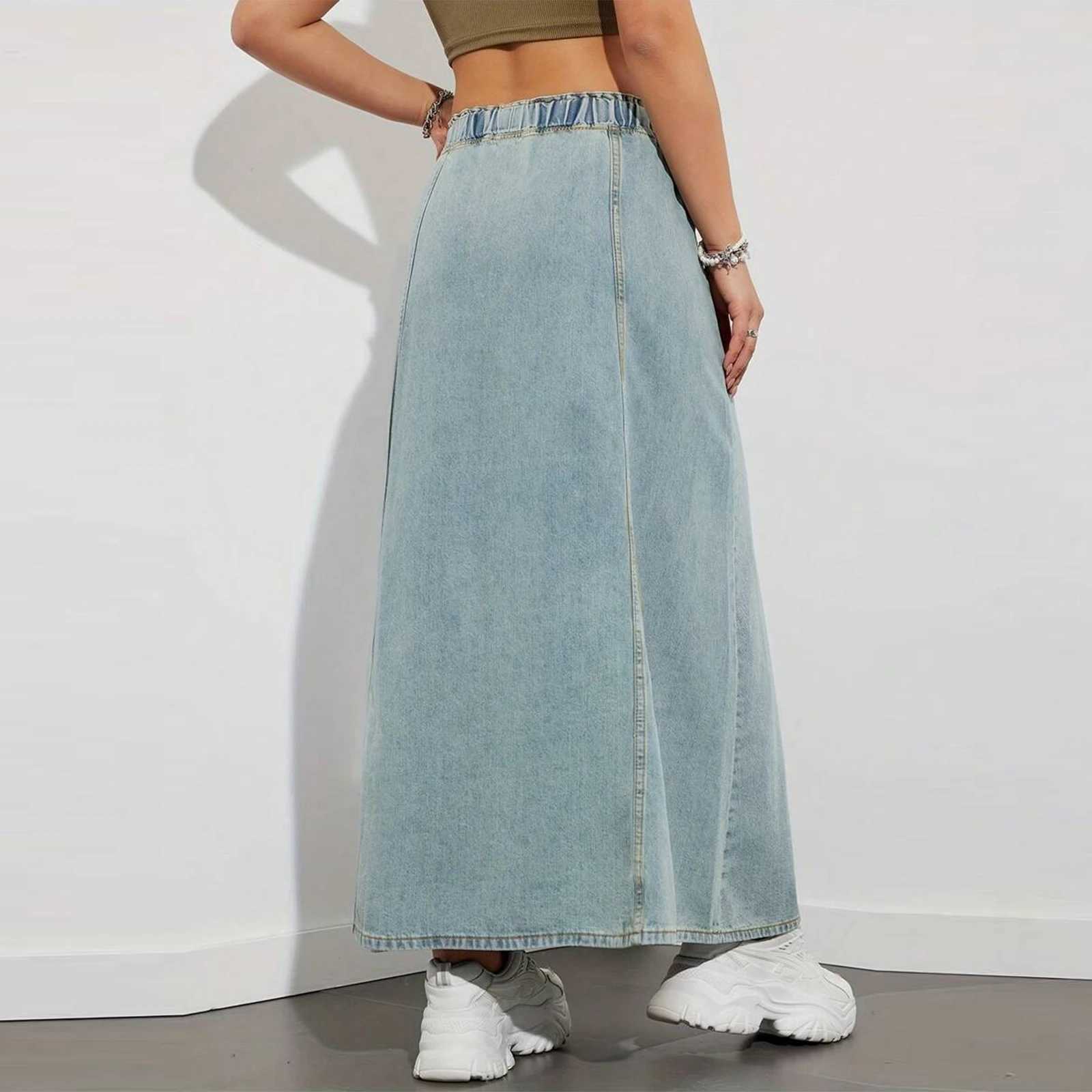 Fashion Womens Denim Long Skirts Elastic Drawstring High Waist A Line Flare Jean Skirt for Spring Fall Y2K Streetwear M260316