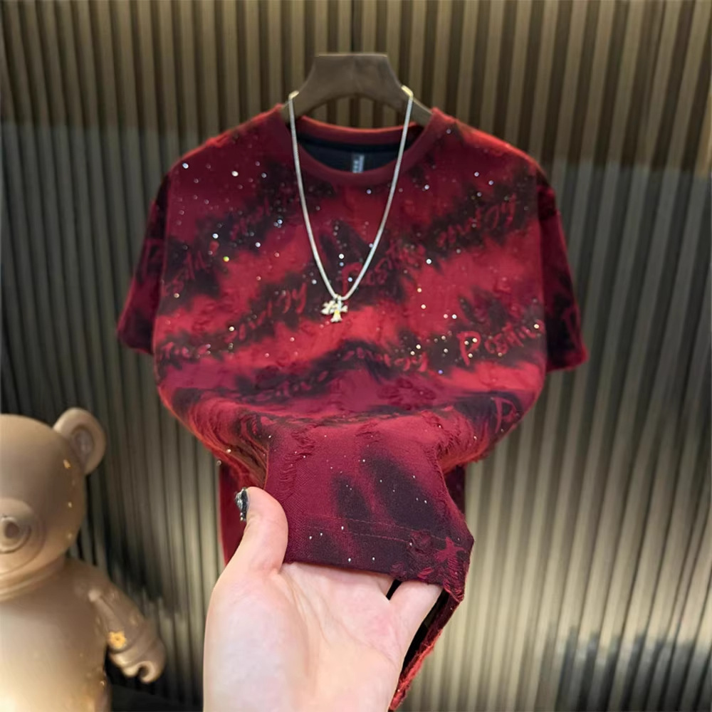 2026 Summer New Short Sleeve Starry Sky Drilled Hole Design Fashionable T-shirt Casual Round Neck Men's Top