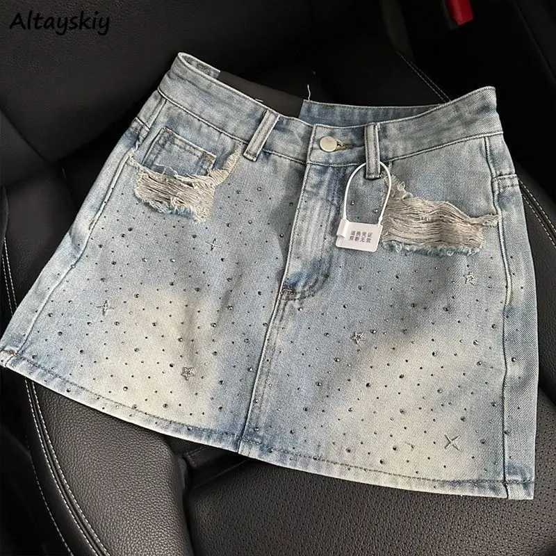 Vintage Denim Starry Skirts Women Mini Rhinestone A-line Korean Style Hot Spicy s Summer Streetwear Stylish 4XL Chic M260316