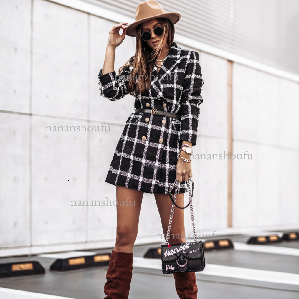 2026 Designer Double Breasted Woolen Jacket Fashion Long Sleeved Suit Collar Striped Grid Windbreaker Coat Autumn/winter Luxury Essential Women's