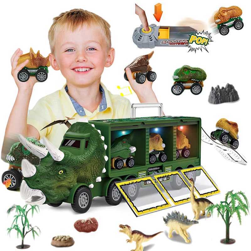Dinosaur Transport Toy Truck Pull Back Vehicles Dino Container Storage Car Model Lighting Music Kids Boys Children Birthday Gift Y260316