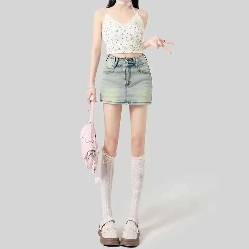High Waist Denim Mini Skirt Womens Summer 2025 New Small Thin Spicy Meat Covering A- Line Wraparound Half-length Skirt M260316