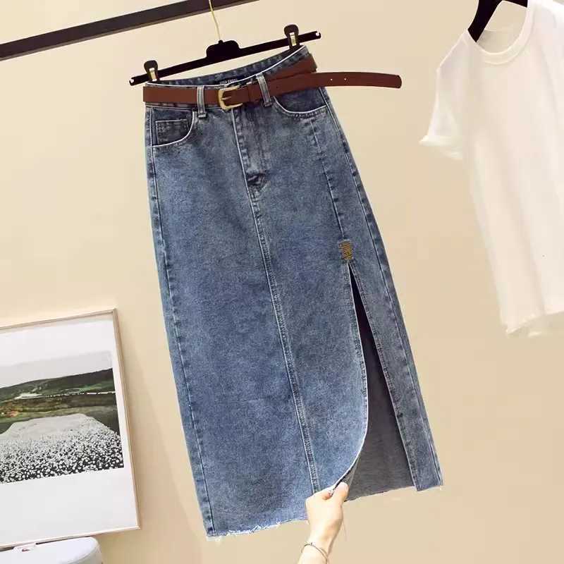 High waisted Denim Skirt Women Casual wear Spring/summer 2025 New Slim Split Buttocks wrapped A-line Skirts Female M260316